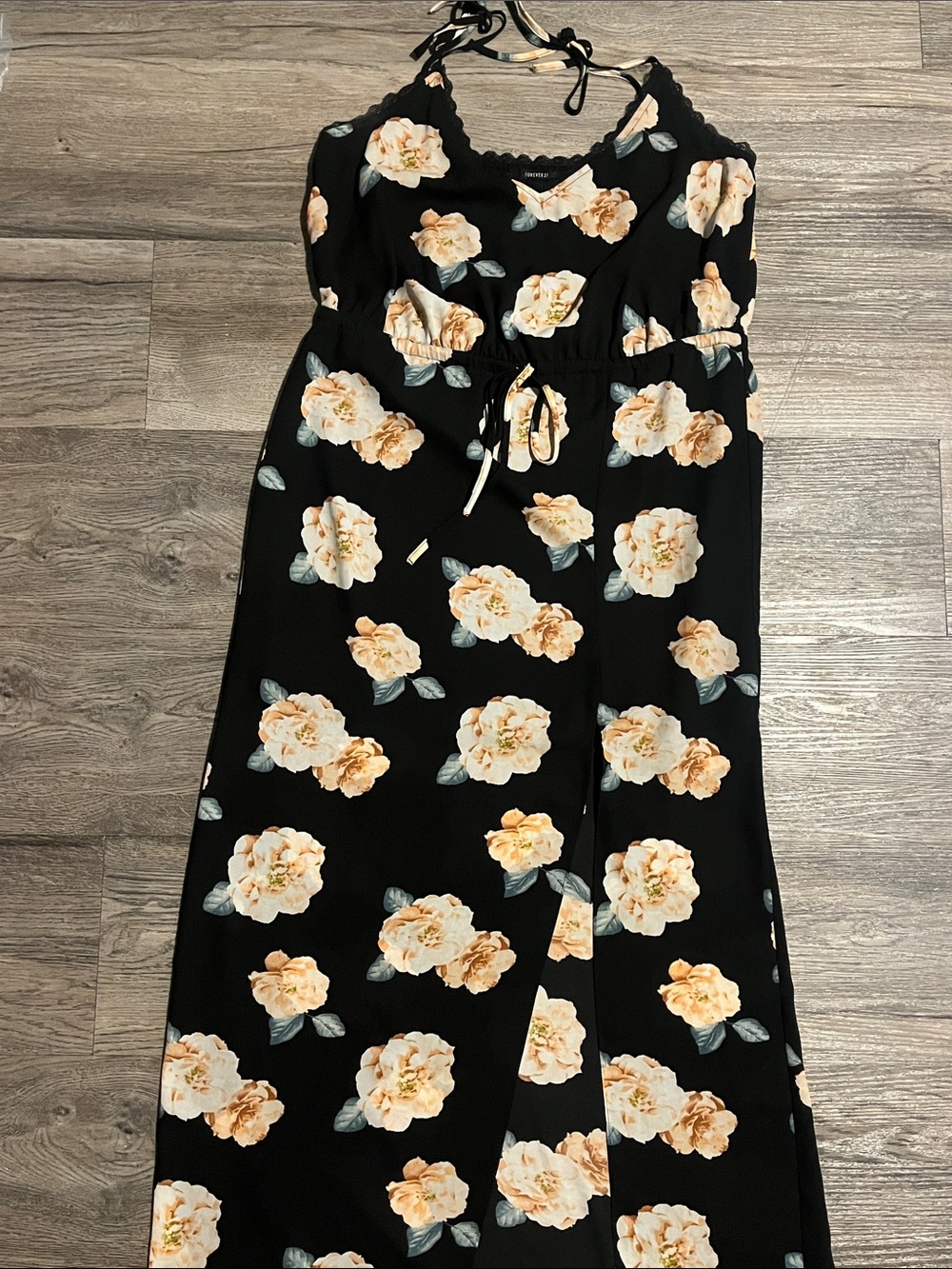 Forever 21 Black Halter Maxi Dress with Cream Floral Print